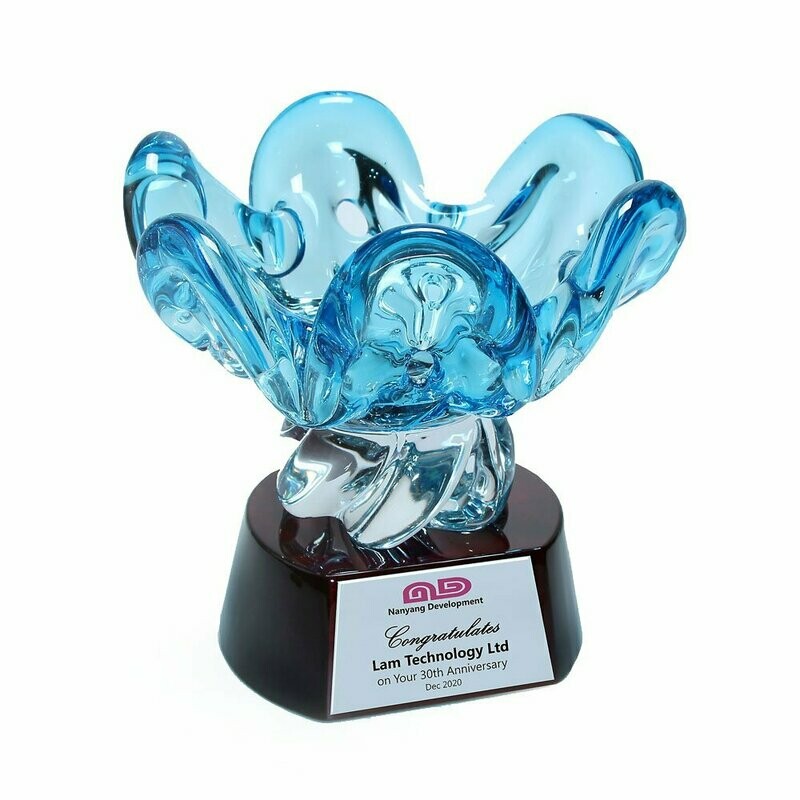 Blue Dew Colored Glass Award on Round Piano Wood Base