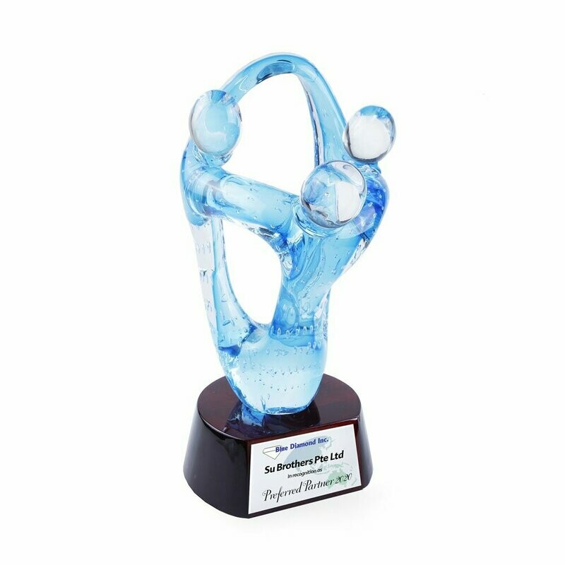 Blue Harmony Colored Glass Award on Round Piano Wood Base