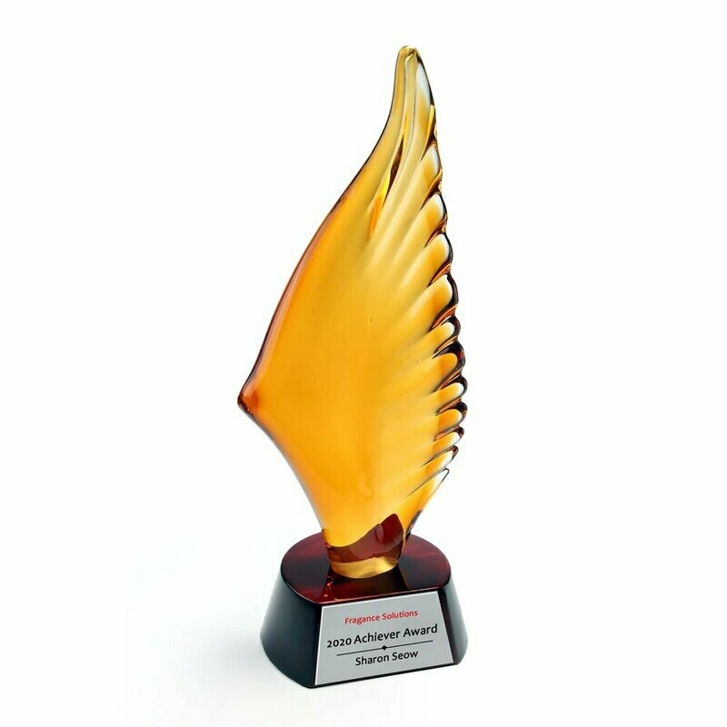 Amber Motion Wing Colored Glass Award on Round Piano Wood Base