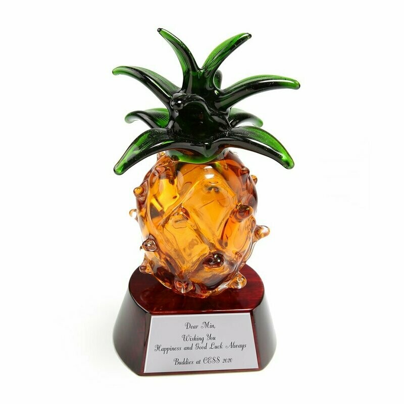 Prosperous Pineapple Colored Glass Award on Round Piano Wood Base