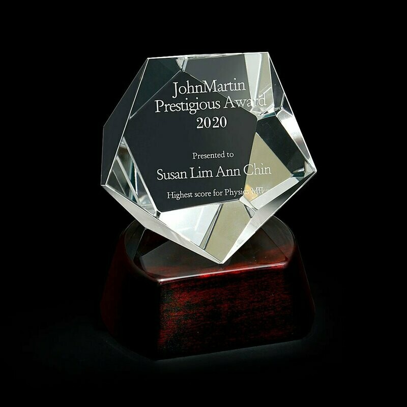 Pentagon Crystal Award on Round Piano Wood Base