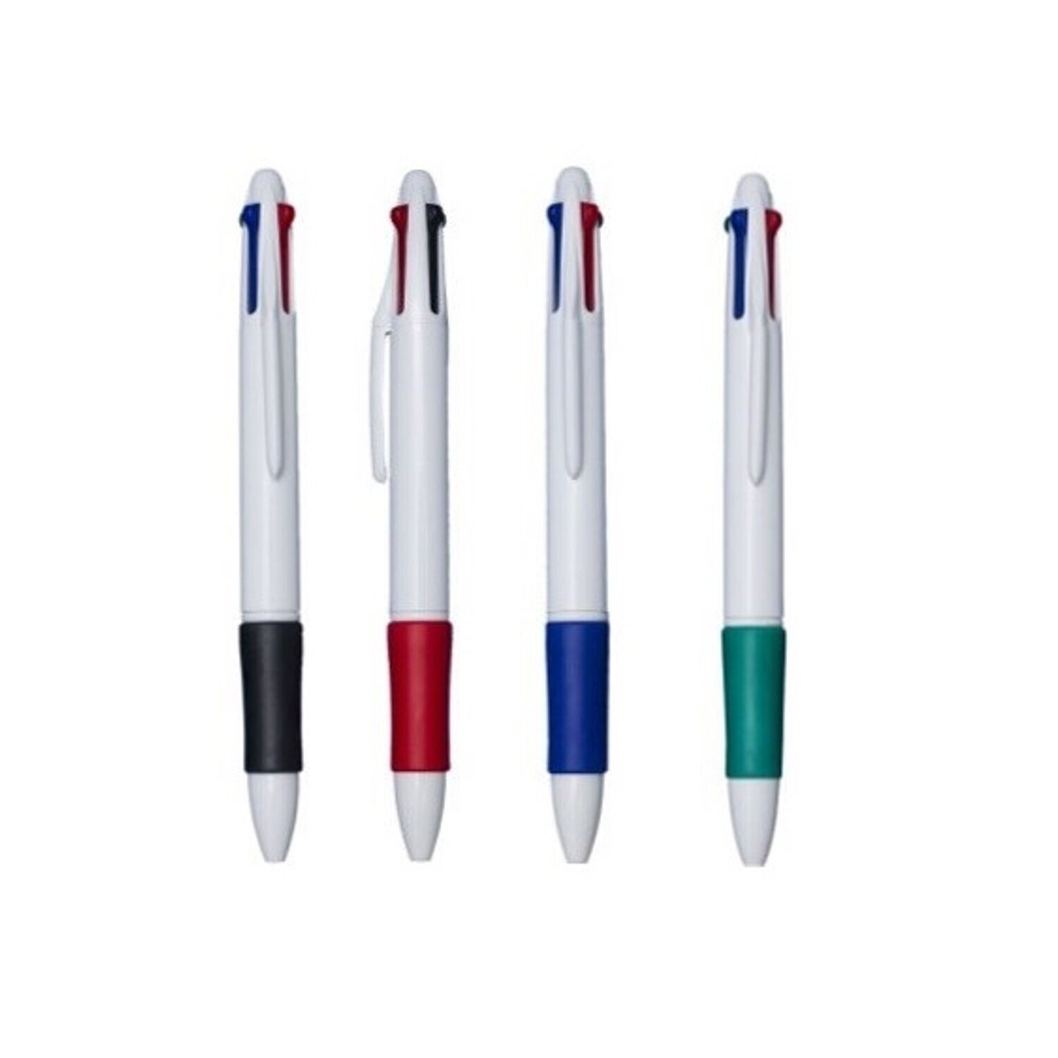 White Body 4-Color-Ink Plastic Ball Point Pen with Colored Grip (Black / Red / Blue / Green Ink)