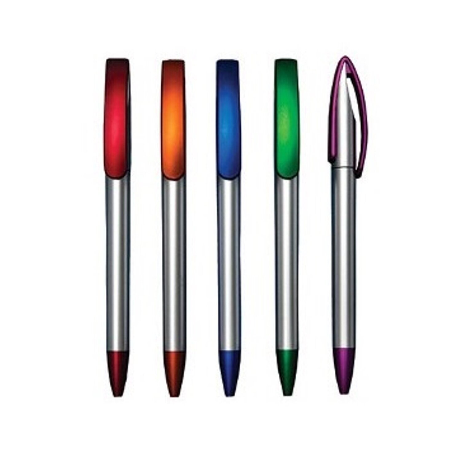 Silver Body Plastic Ball Point Pen with Curved Color Clip