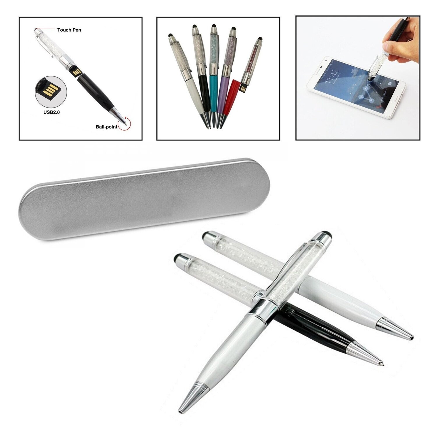 Crystal Design USB Ball Point Pen with Stylus and Aluminium Case