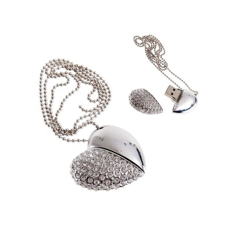 Heart-Shaped Design Crystal Encrusted USB Flash Drive with Beaded Chain