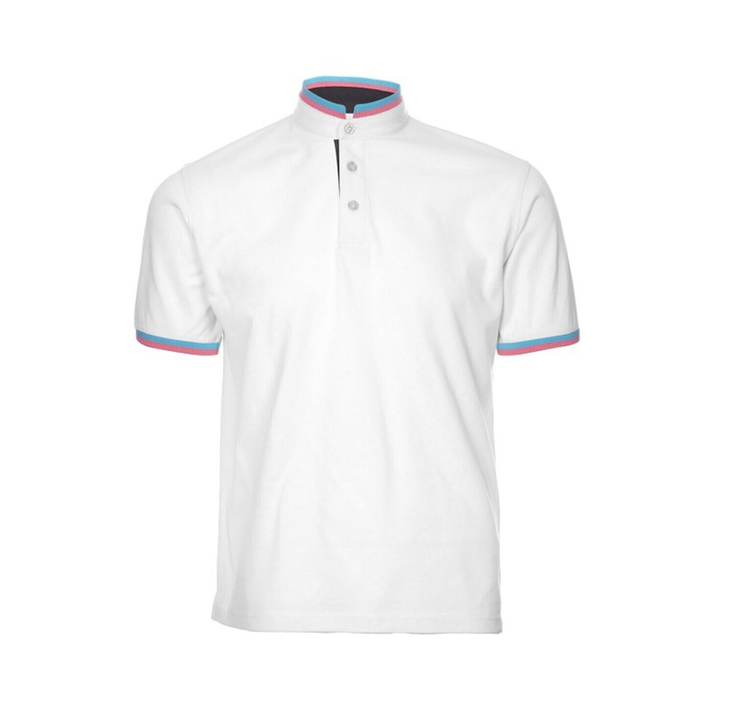 Honeycombed High Collar Poloshirt with Buttons, Color :: HC-2300 (White/Turquoise/Magenta)