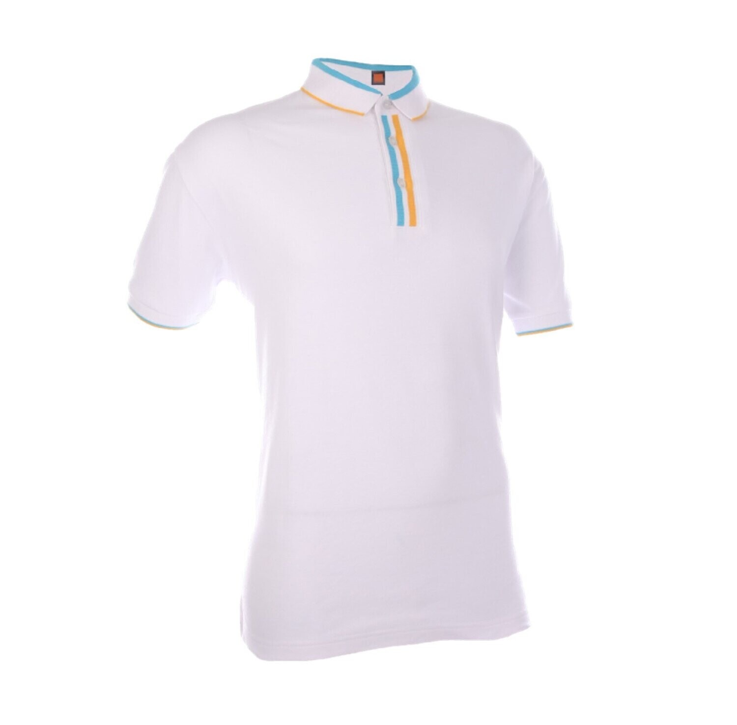 Cotton Interlock Poloshirt, Color :: CI-1000 White/Sea Blue/Yellow
