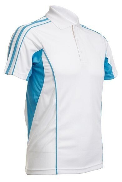 Quick Dry Poloshirt with Shoulder Stripe Design and Sectional Cuts, Color :: QD3300 White/Sea Blue (P/Sea Blue)