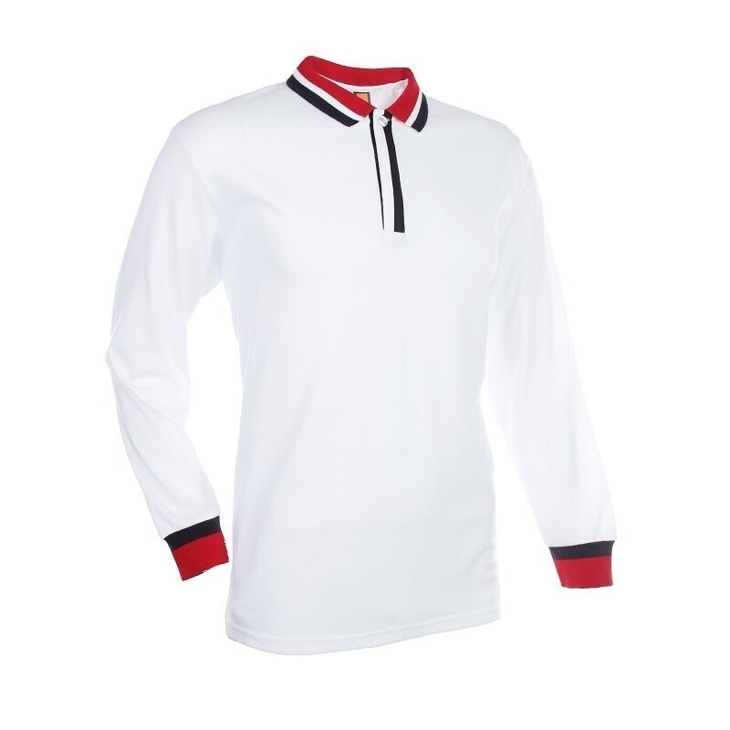 Single Jersey Polyester-Cotton Long Sleeve Poloshirt with Contrasting Color Collar and Cuffs, Color :: SJ0500 White/Red/Navy