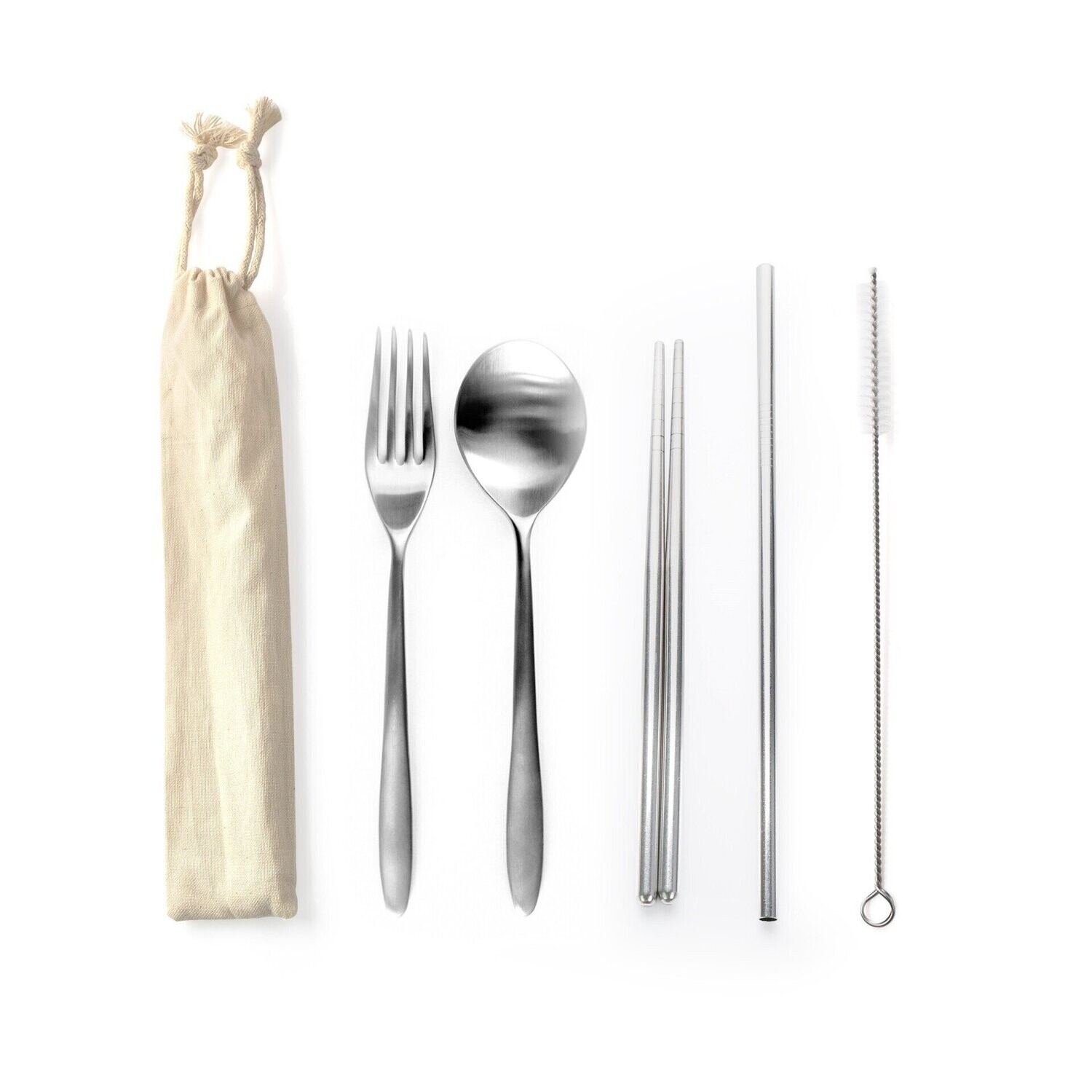 5-in-1 Stainless Steel Travel Cutlery Set with Canvas Drawstring Pouch