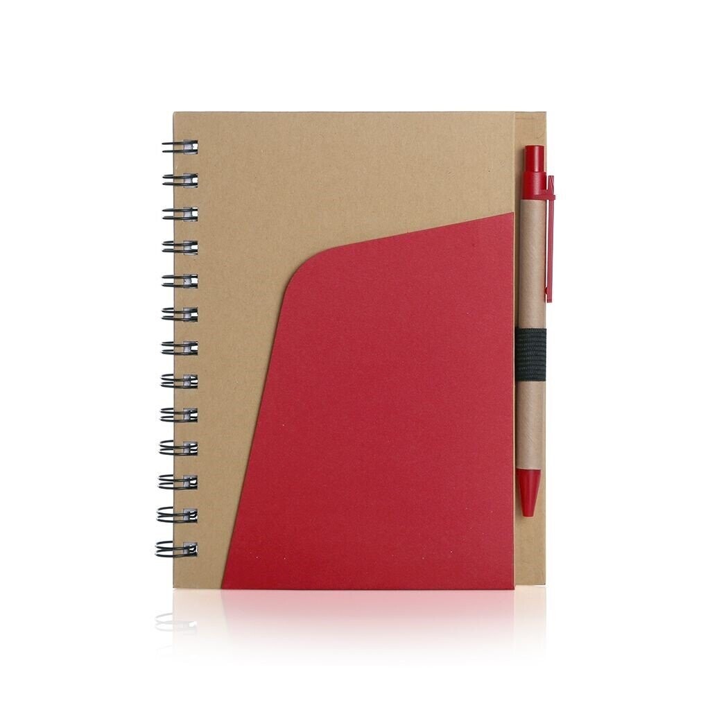 Eco-Friendly Wire-O Notebook with Diagonal Front Pocket and Recycle Ball Point Pen, Color :: Red