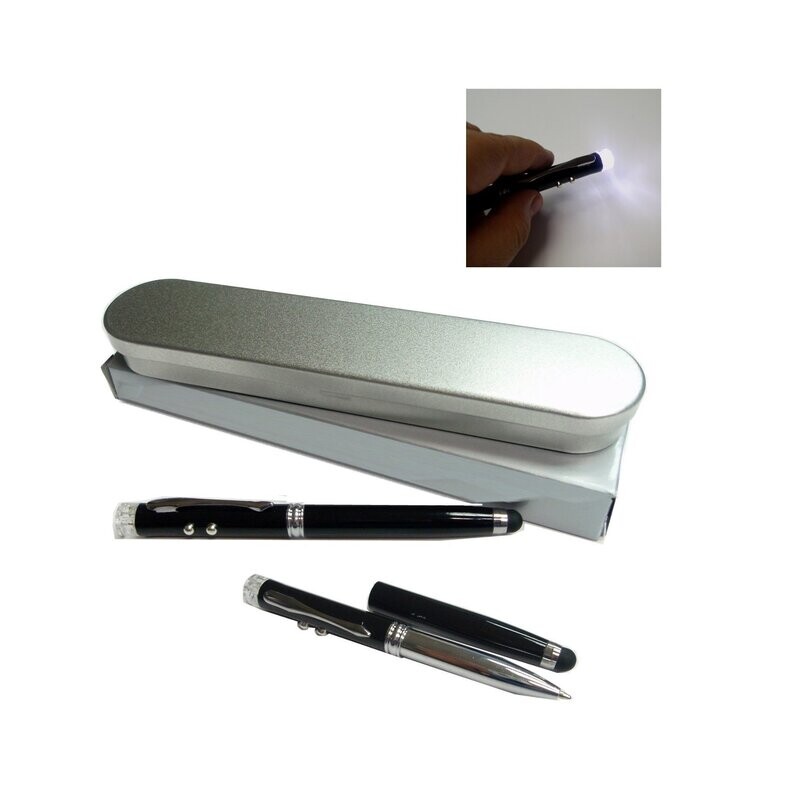4-in-1 Multi-Function Ball Pen with LED Light, Laser Pointer, Stylus and Aluminium Case