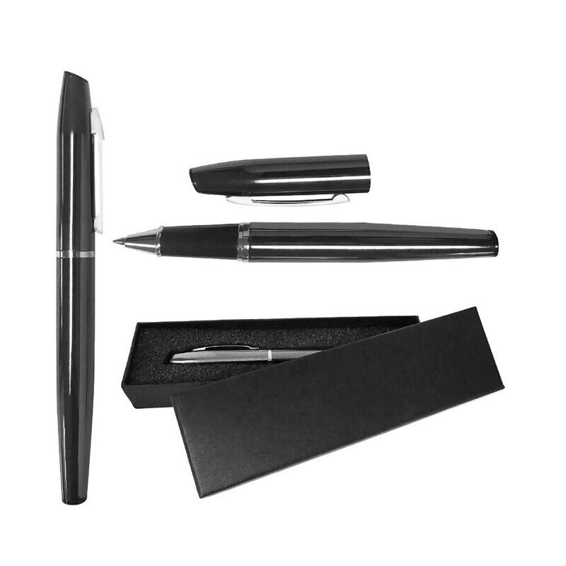 Elegant Black Metal Roller Ball Pen with 2-pc Black Box