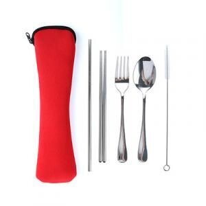 4-pc Stainless Steel Cutlery Set with Cleaning Brush with Red Neoprene Zipper Pouch