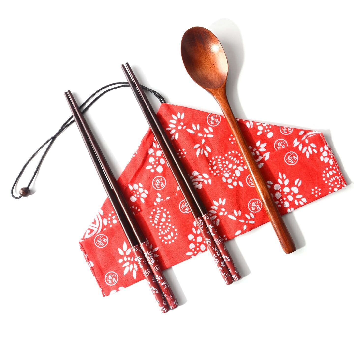 Eco-Friendly Bamboo Design Travel Cutlery Set with Trendy Pouch, Color Option :: Red