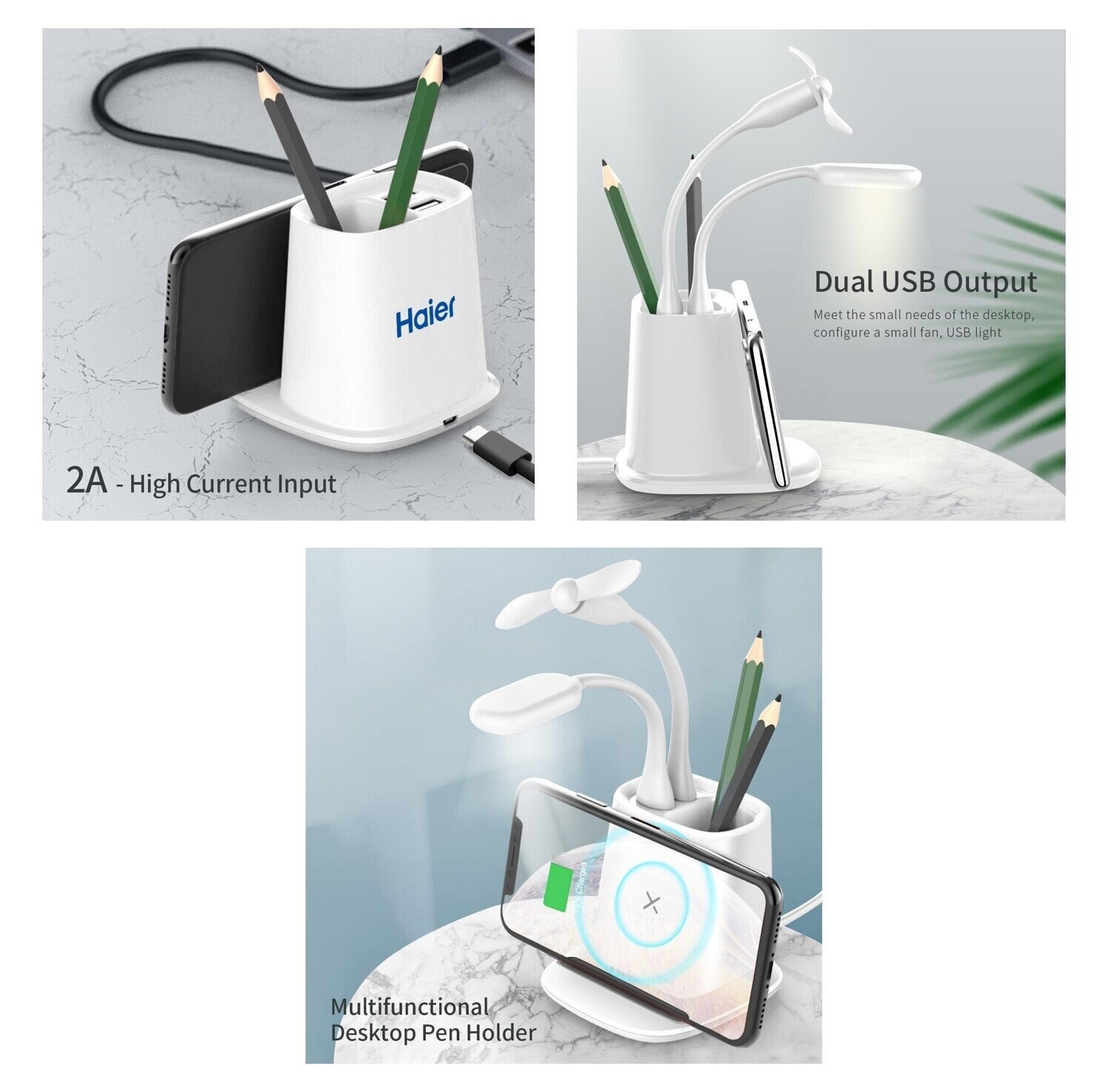 Multi-Function Desktop Penholder cum Wireless Charger with USB Fan and LED Lamp