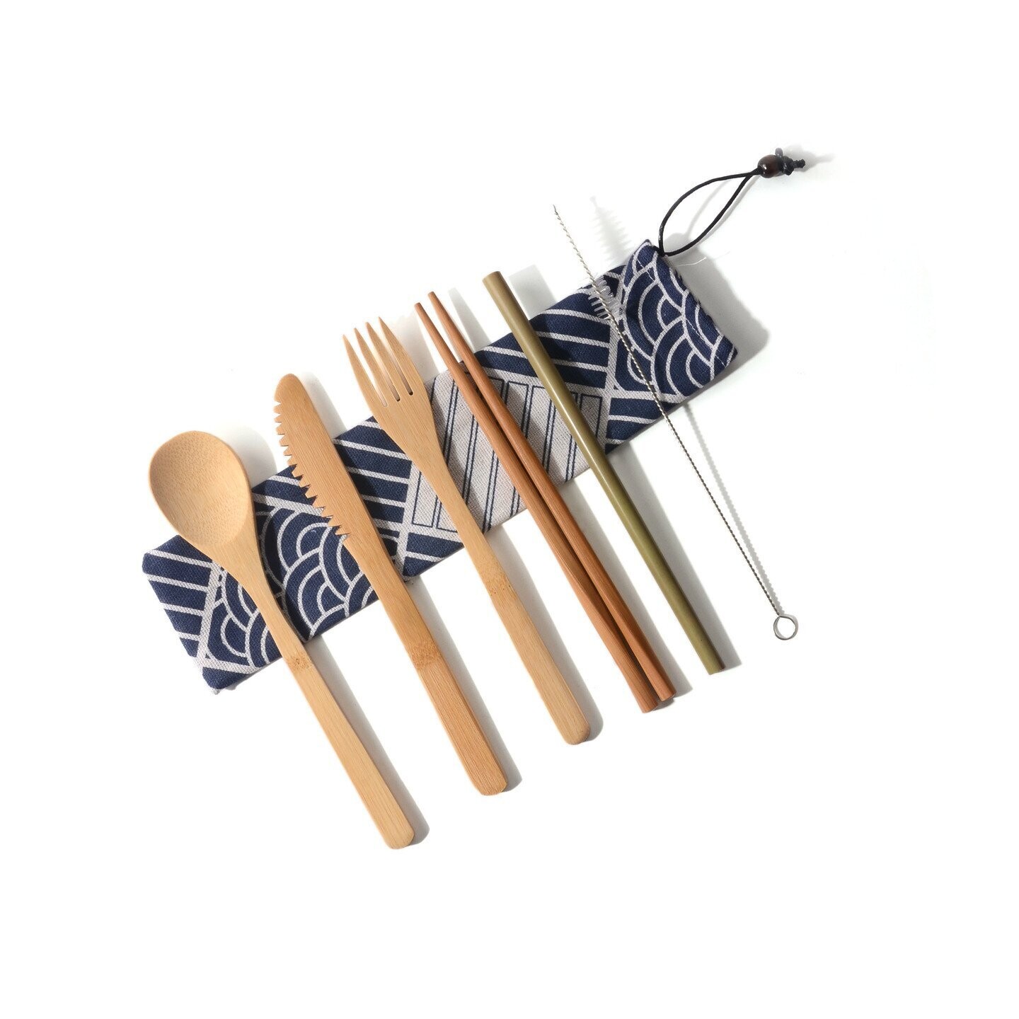 Eco-Friendly Reusable Bamboo Travel Cutlery Set with Printed Cotton Pouch