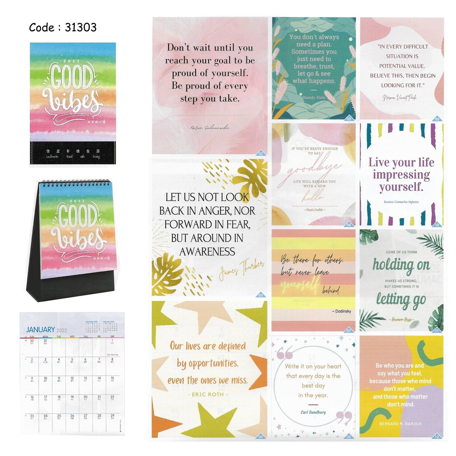 Good Vibes Wire-O Desktop Calendar with Leatherette Stand