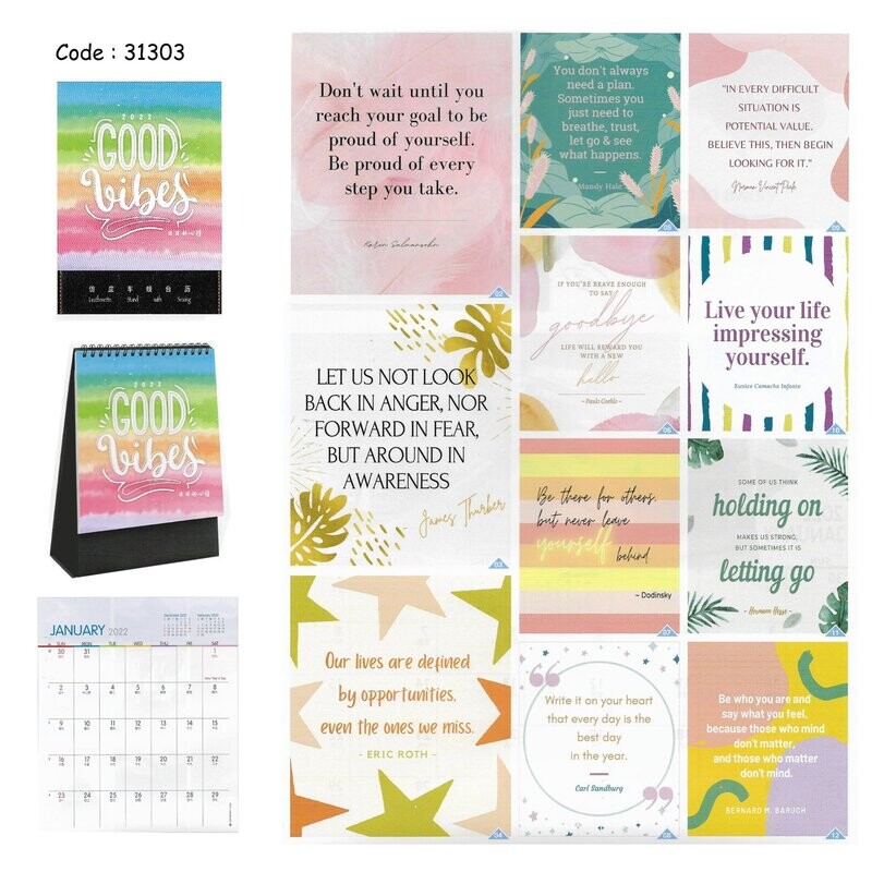 Good Vibes Wire-O Desktop Calendar with Leatherette Stand