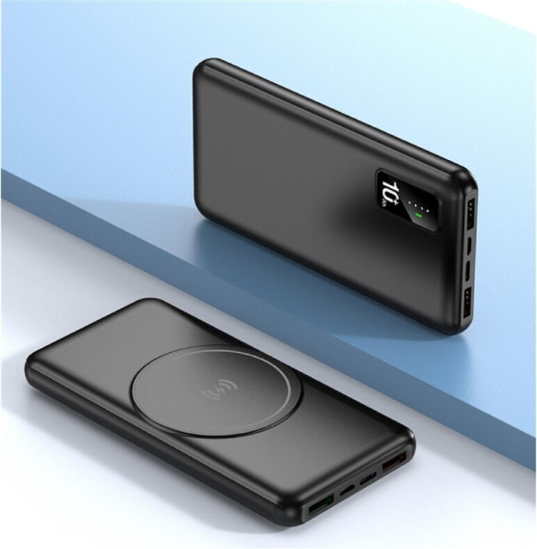 Wireless Powerbank with LED Digital Display (10000mAh) with 2-pc black box, Color: Black Color