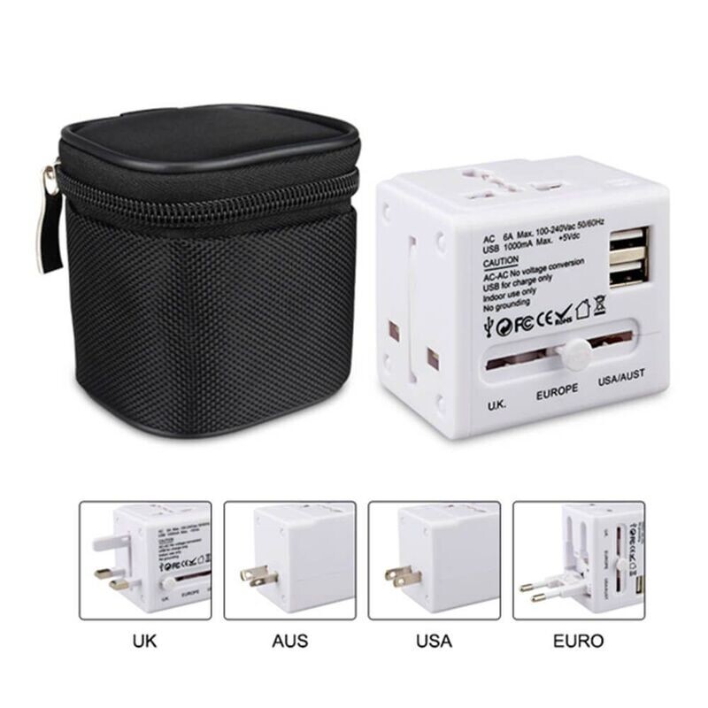 Compact Worldwide Travel Adaptor with 2 USB Ports and Black PU Zipper Pouch with White Box