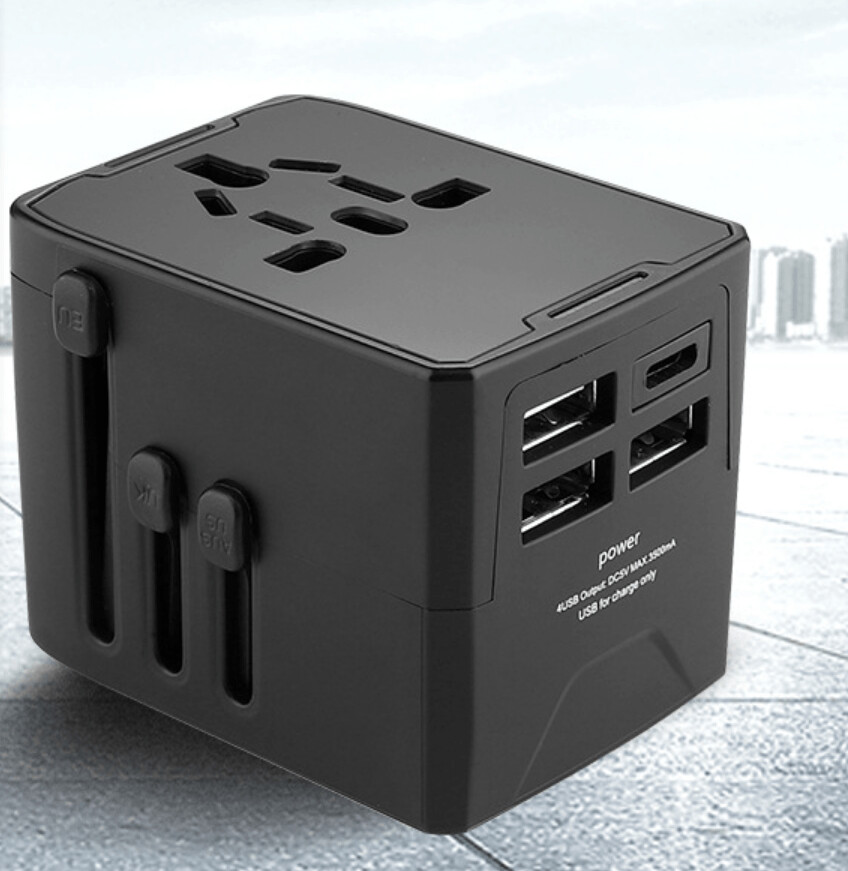 Compact Worldwide Travel Adaptor with 3 USB Ports and Type C and Black PU Zipper Pouch and White Box