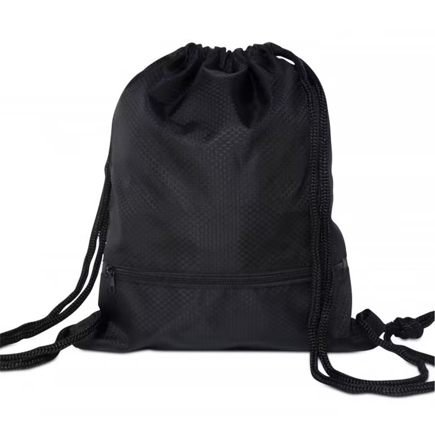 High Quality Water Resisttant Polyester Drawstring Bag with Front Zip Compartment, Color Option :: Black