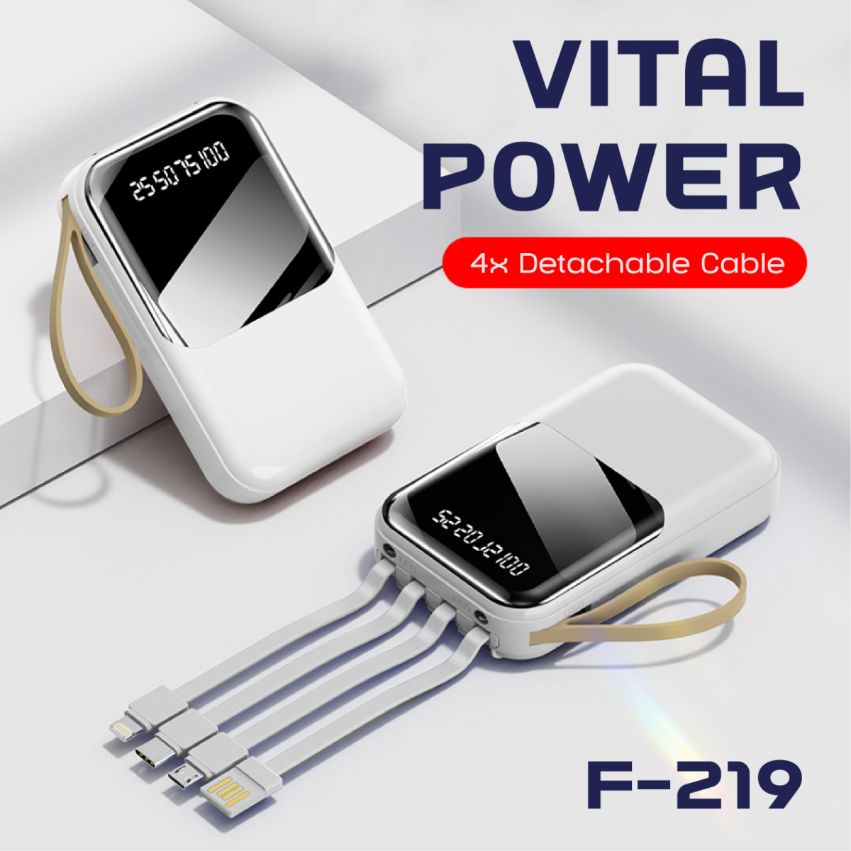 VITAL POWER Powerbank with 4 Detachable Cables with Foldable Black Box (10000mAh)