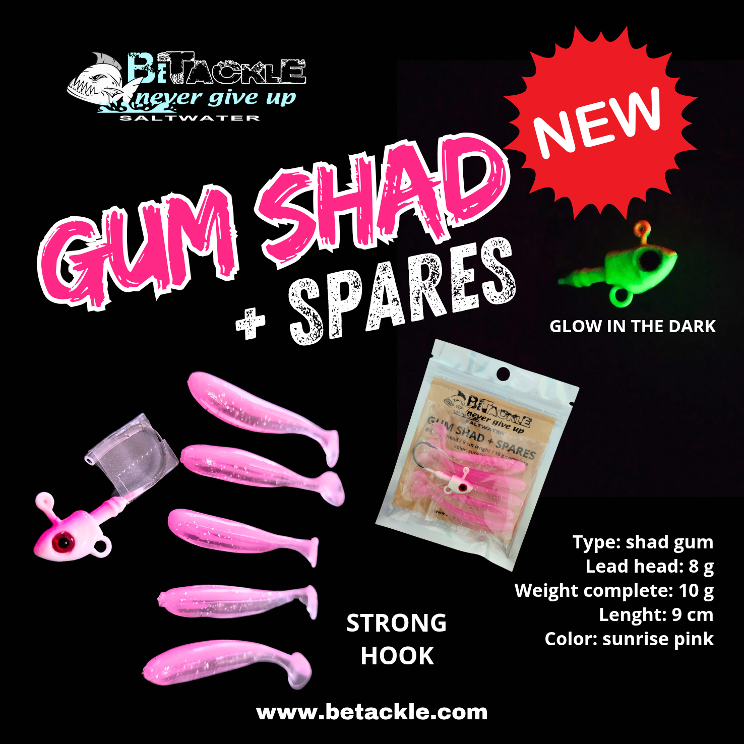 Betackle gum shad + spares 8 g lead head / 9 cm leght / 10 g complete sunrise pink / BRILLA AL BUIO - GLOW IN THE DARK