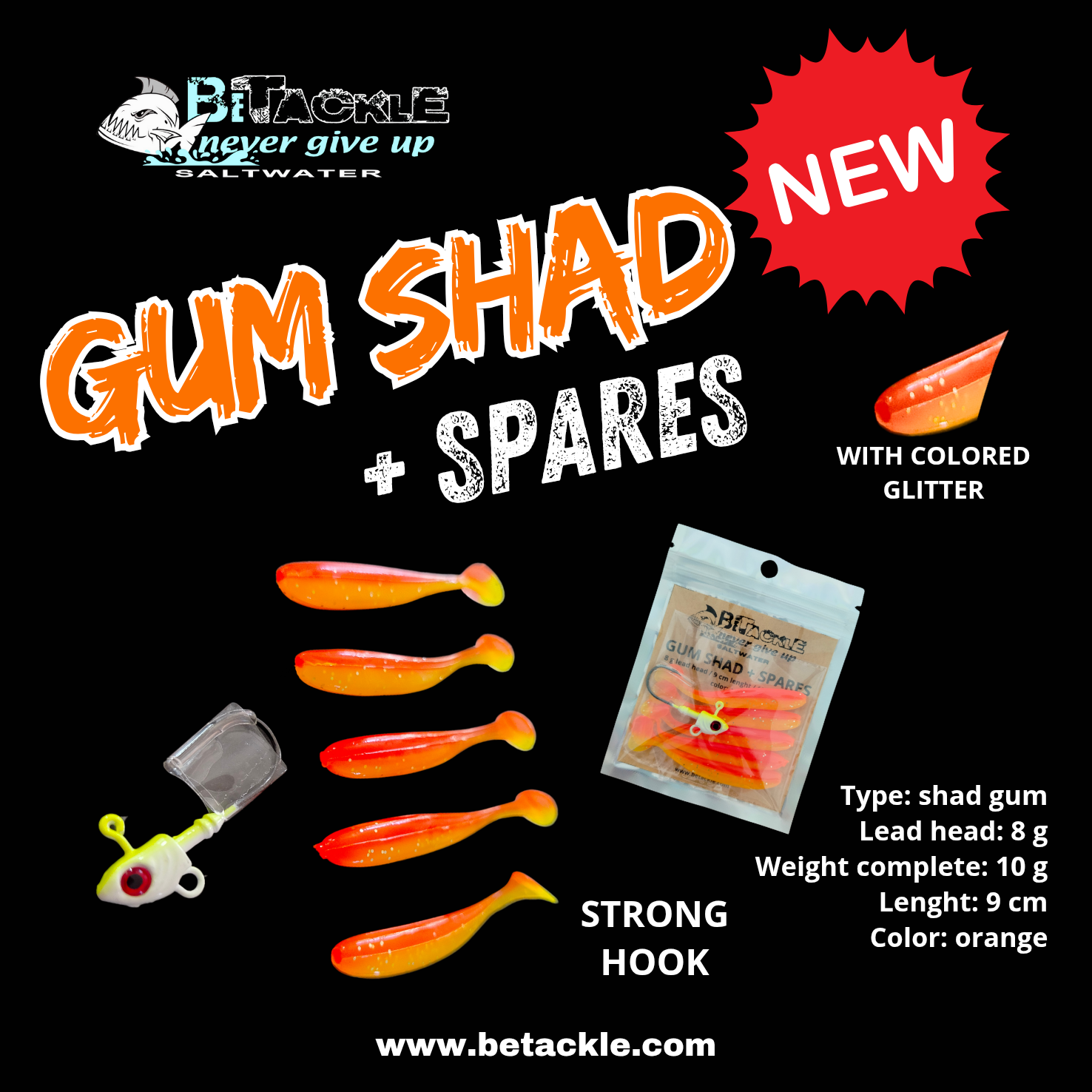 Betackle gum shad + spares 8 g lead head / 9 cm leght / 10 g complete orange