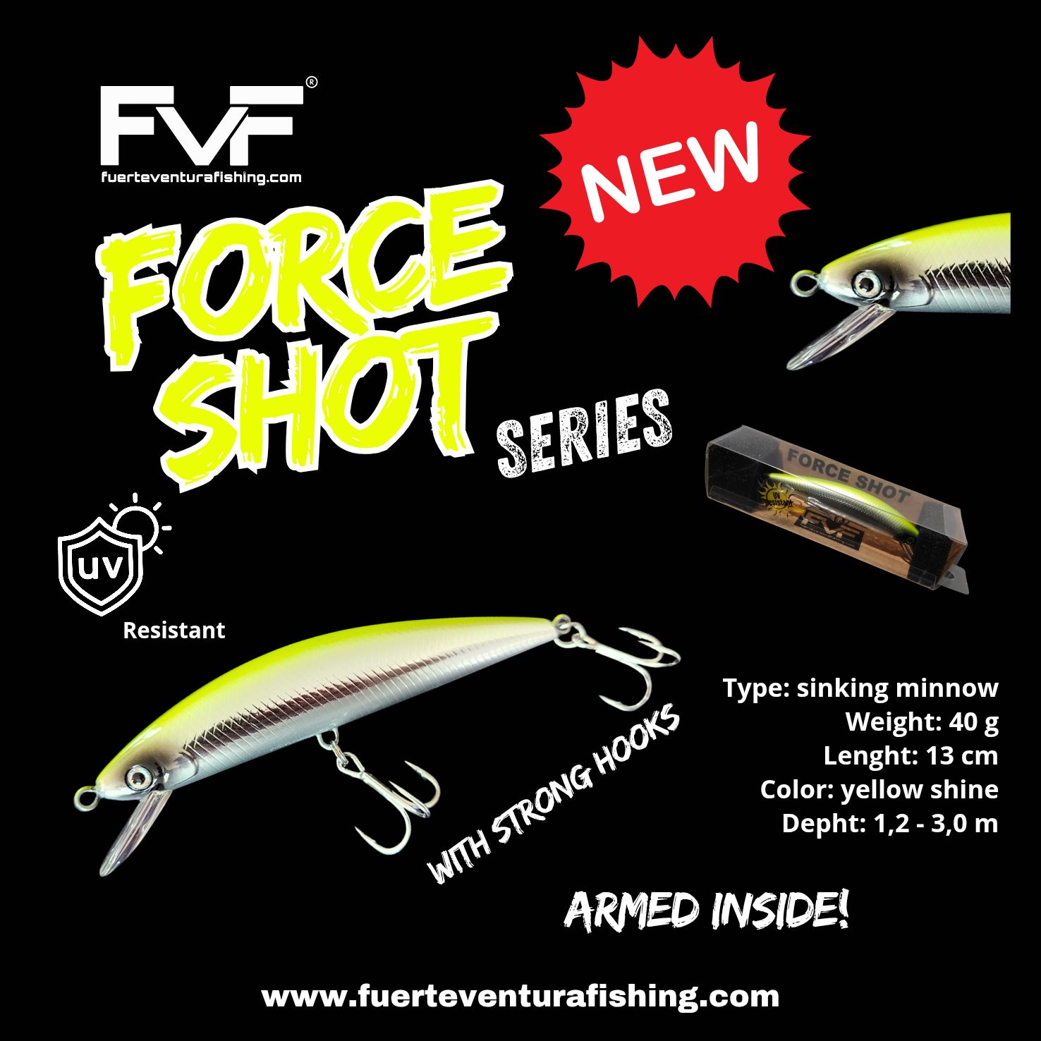 FVF® - Fuerteventura Fishing. Force shot minnow 13 cm 40 g yellow shine