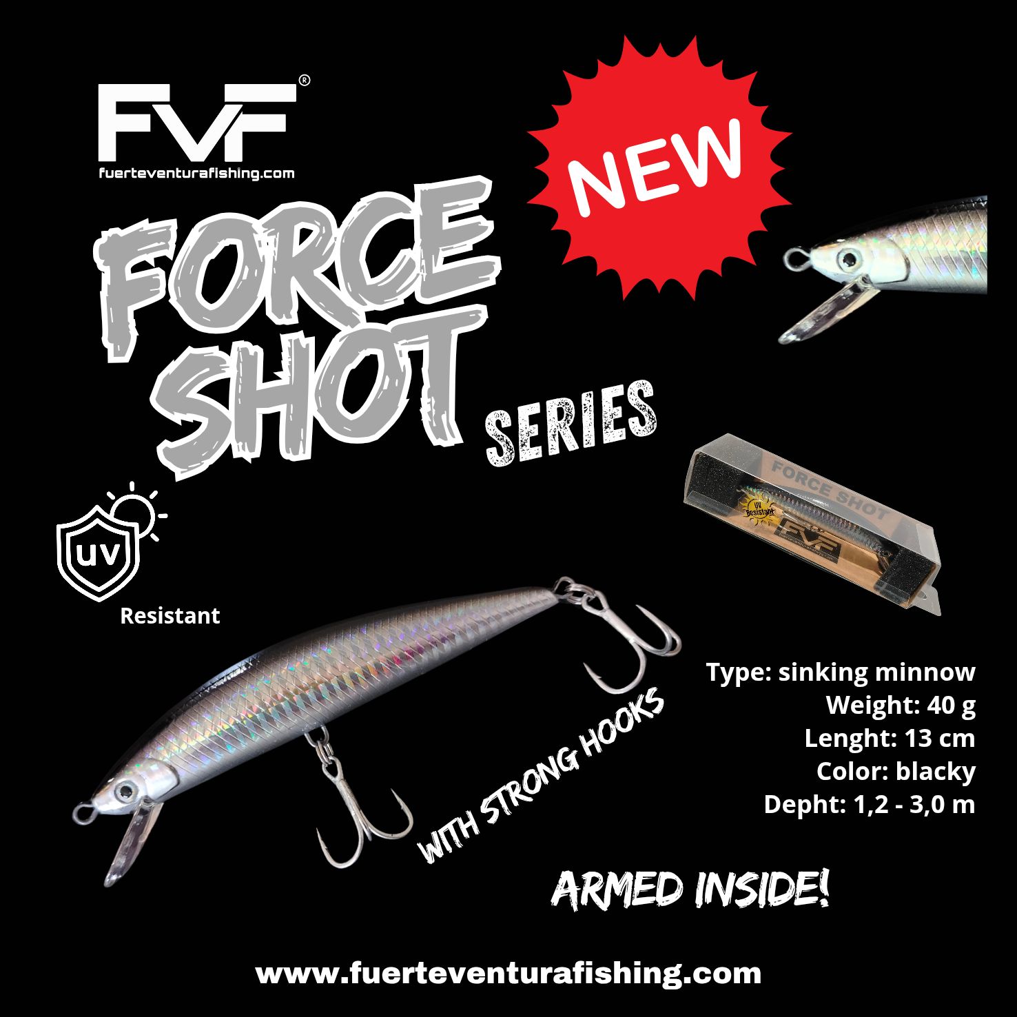 FVF® - Fuerteventura Fishing. Force shot minnow 13 cm 40 g blacky