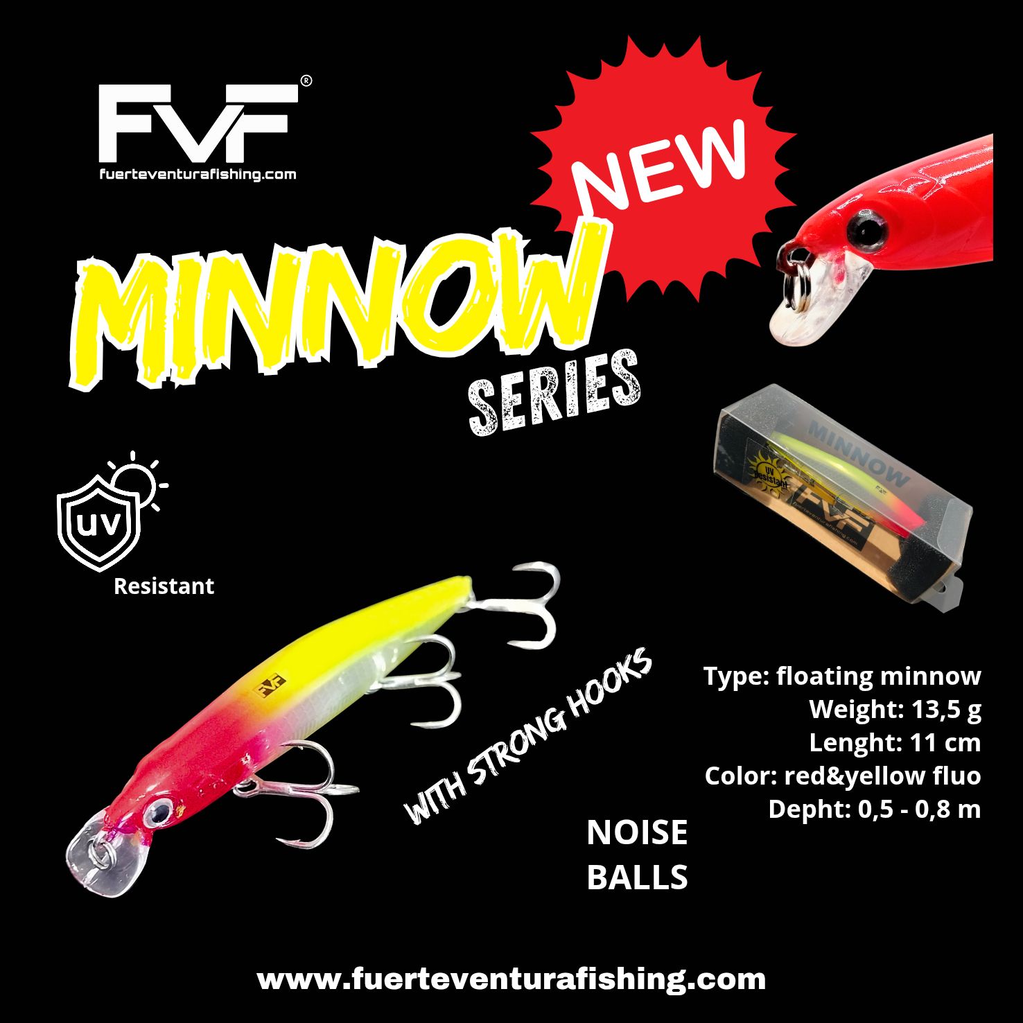 FVF® - Fuerteventura Fishing. Floating minnow red&amp;yellow fluo - 11 cm 13,5 gr