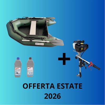 Offerta abbinata gommone tender ozeam 2.00 metri verde + motore Ozeam Sherpa 1.3 hp + olii motore