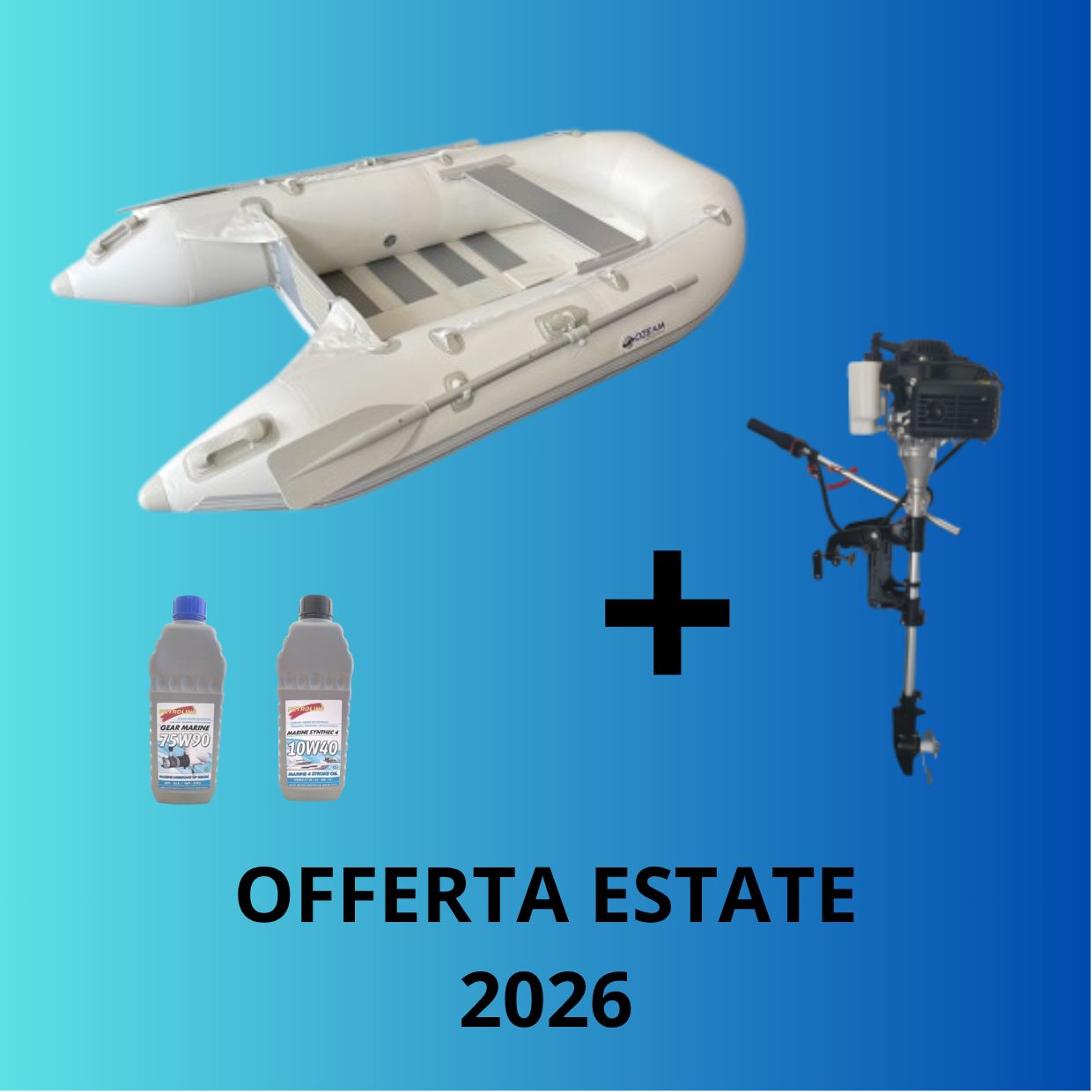 Offerta abbinata gommmone tender Ozeam 2.00 metri d-shaped + motore Ozeam sherpa 2.5 hp + olii motore