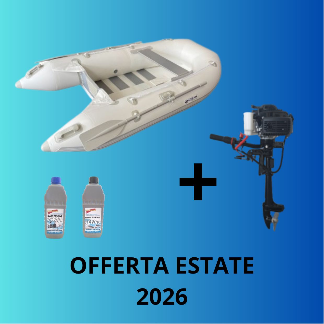 Offerta abbinata gommone tender Ozeam 2.00 metri verde + Motore Ozeam Sherpa 2.5 hp PRO + olii motore