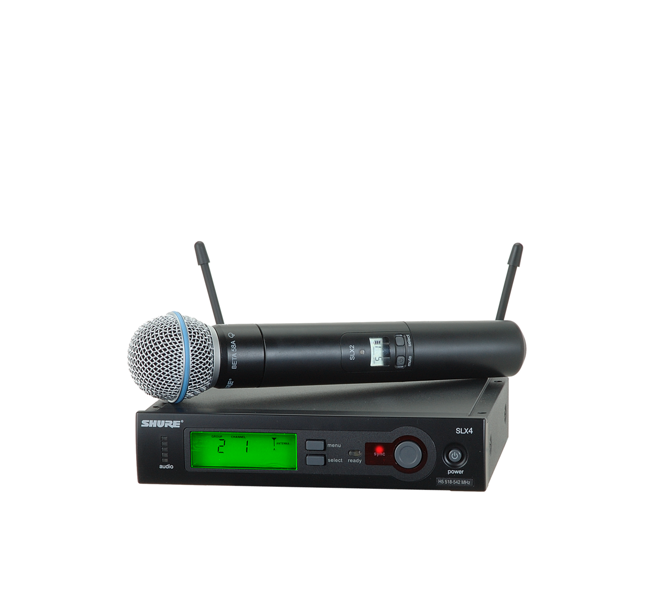 Shure SLX24/BETA58
(Wireless microphone System with SLX2/BETA58 Handheld Transmitter) Shure SLX24/BETA58
(Wireless microphone System with SLX2/BETA58 Handheld Transmitter)