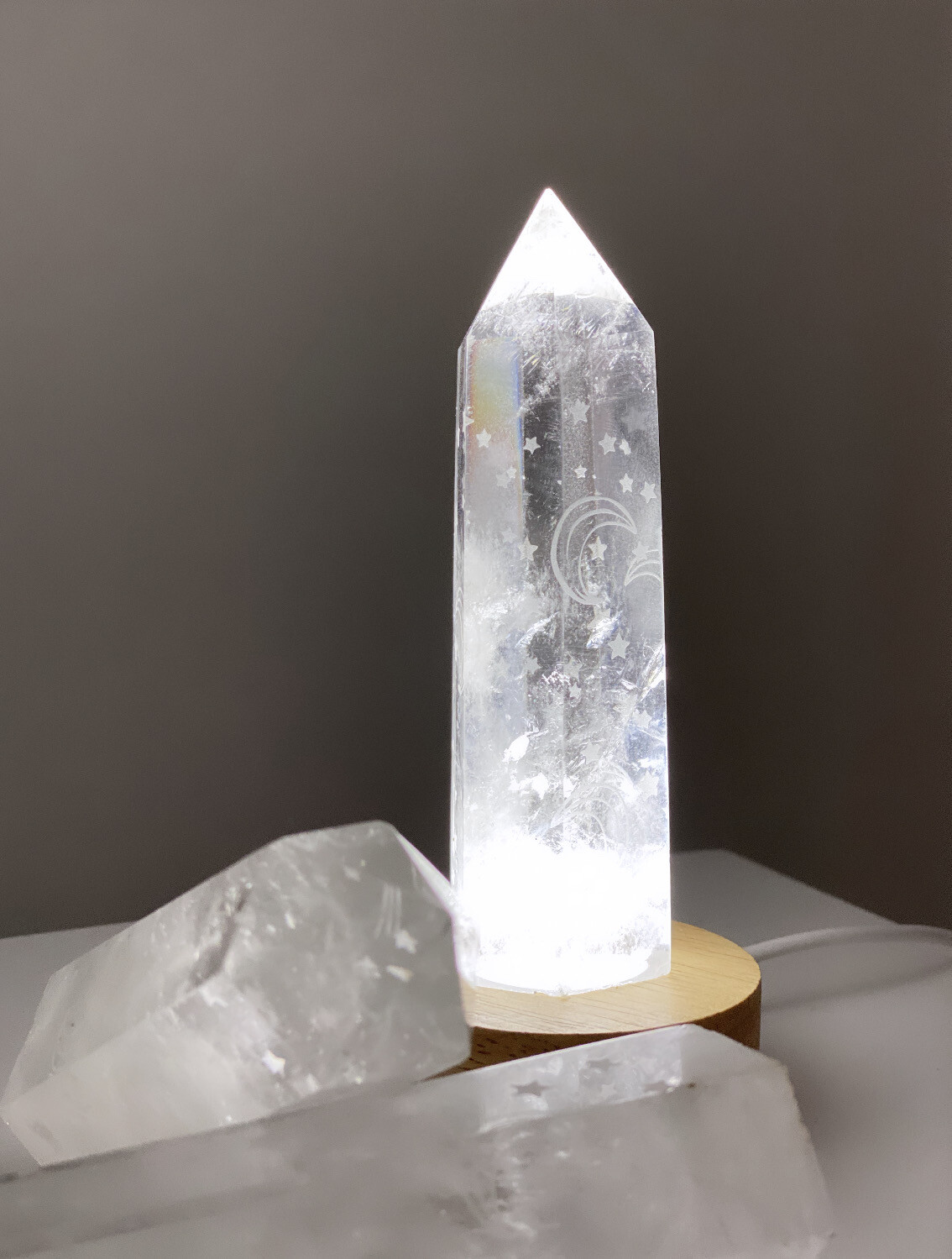 Clear Quartz Point - Moon &amp; Star