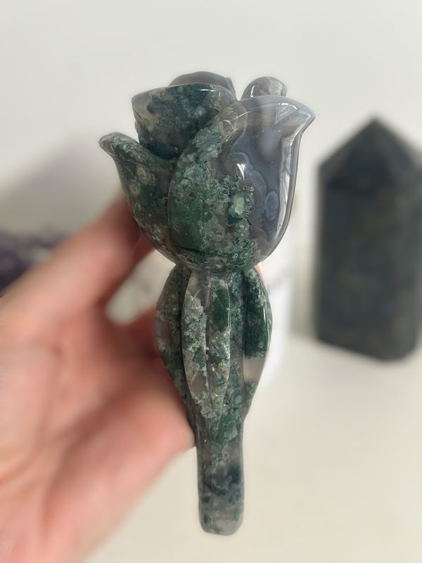 Moss Agate Carved Rose