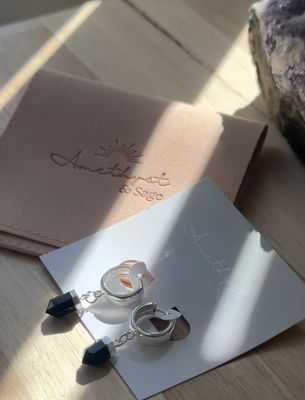 Radiance Huggie Hoops - Black Obsidian Point - Silver