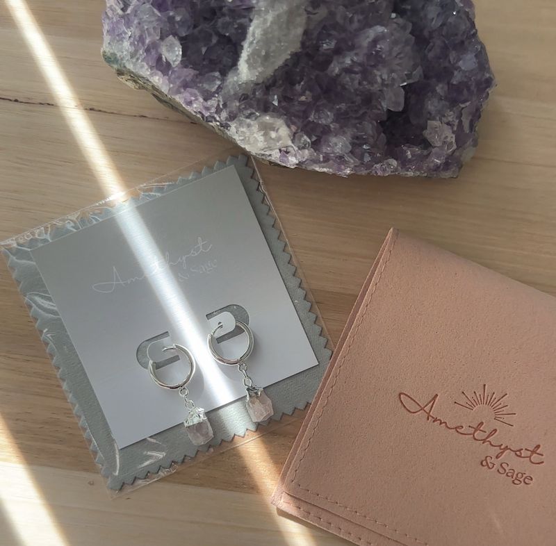 Radiance Huggie Hoops - Rose Quartz Raw - Silver