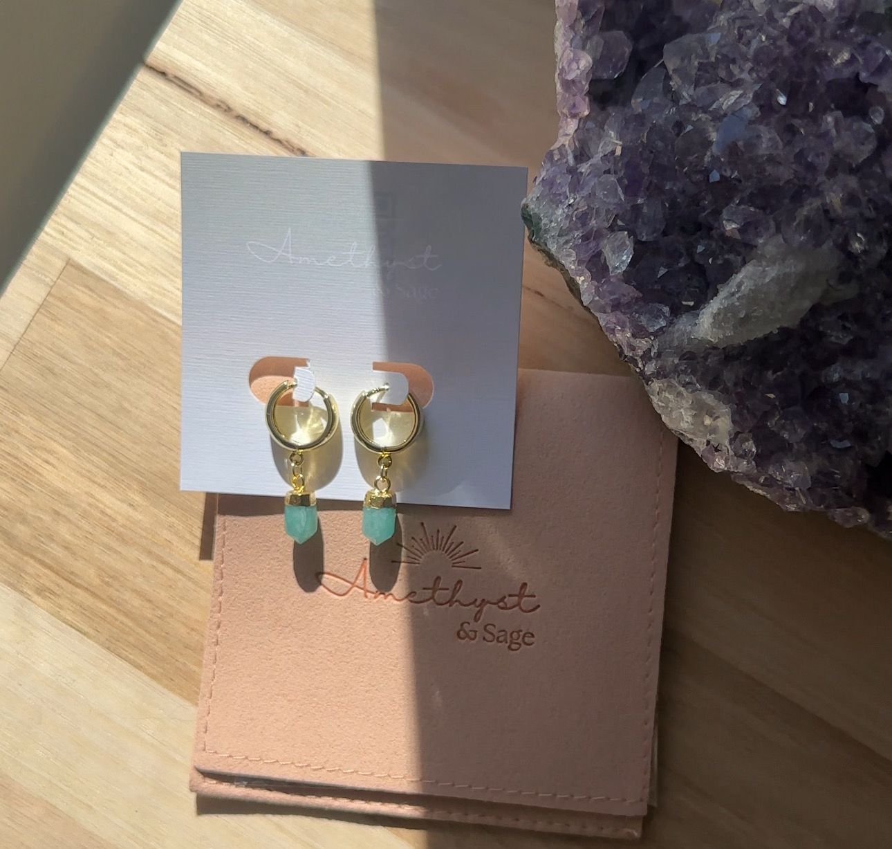 Radiance Huggie Hoops - Amazonite - Gold