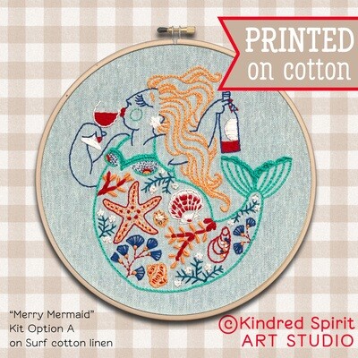 Merry Mermaid Hand Embroidery Kit - Build your kit option - with hoop, without hoop or fabric print only Merry Mermaid Hand Embroidery Kit - Build your kit option - with hoop, without hoop or fabric print only