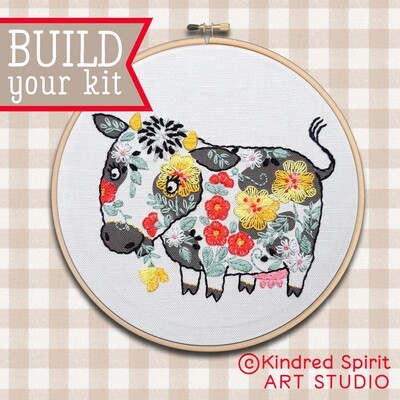 Cow Hand Embroidery Kit - Build your kit option - with hoop, without hoop or fabric print only Cow Hand Embroidery Kit - Build your kit option - with hoop, without hoop or fabric print only