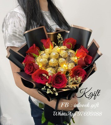 10 Stalks Fresh Roses with Ferrero rochers Bouquet