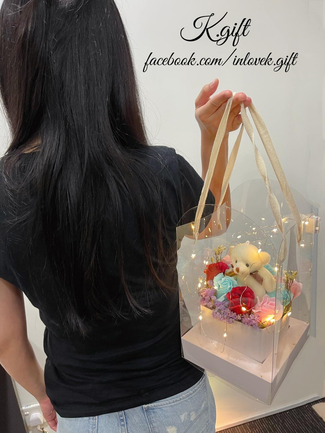 Soap roses with tiny bear in carrier box