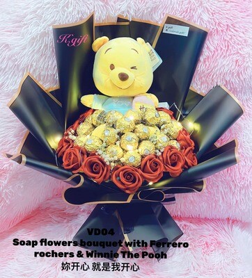 VD04 : Soap flowers bouquet with Ferrero rochers &amp; red Winnie the Pooh