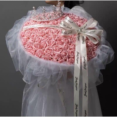 99 pink soap roses with ribbon bouquet