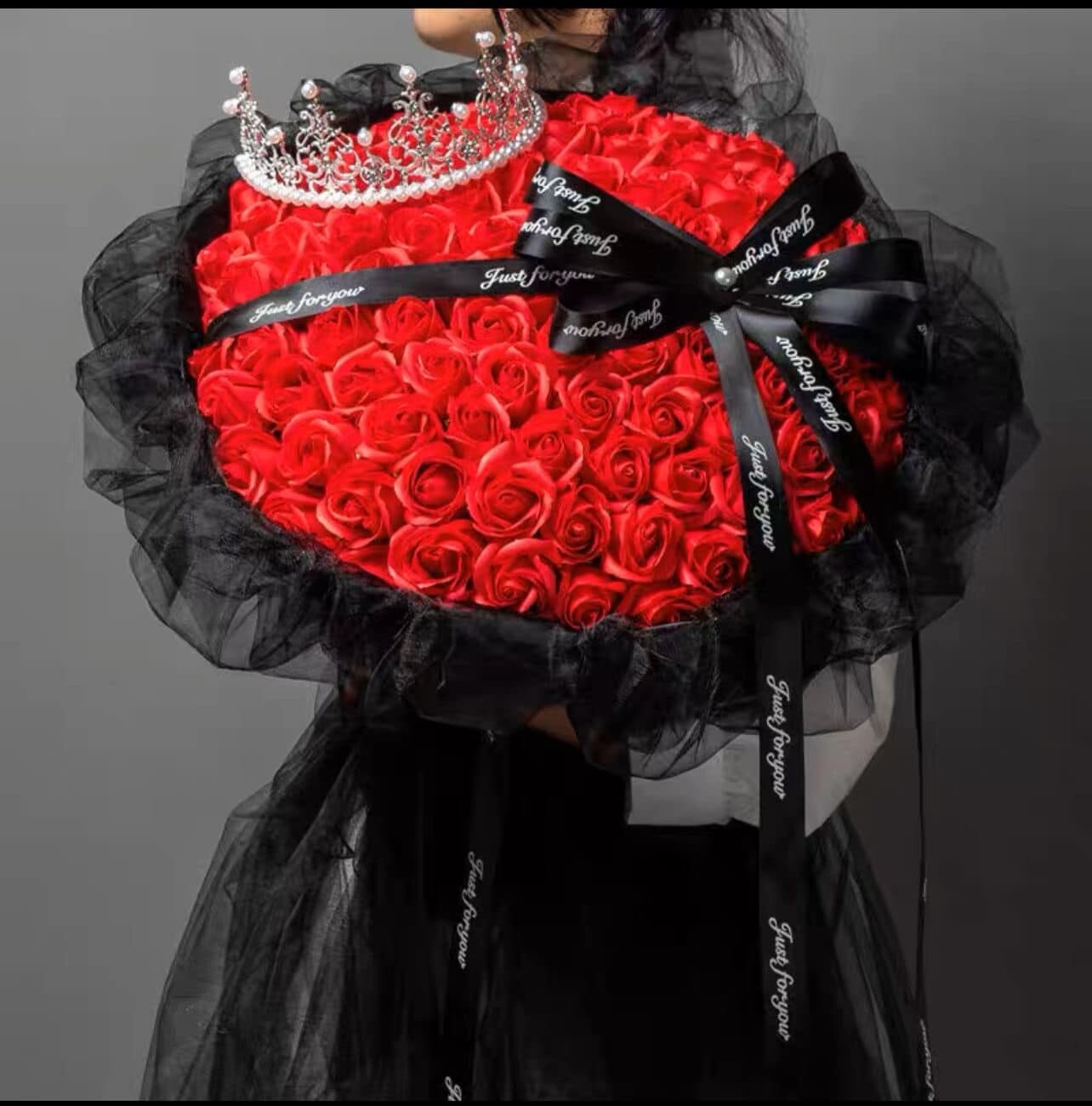 99 red soap roses with ribbon bouquet