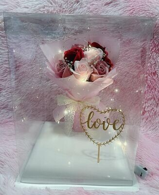 9 Stalk Soap Flower with heart shape tag in Transparent Box